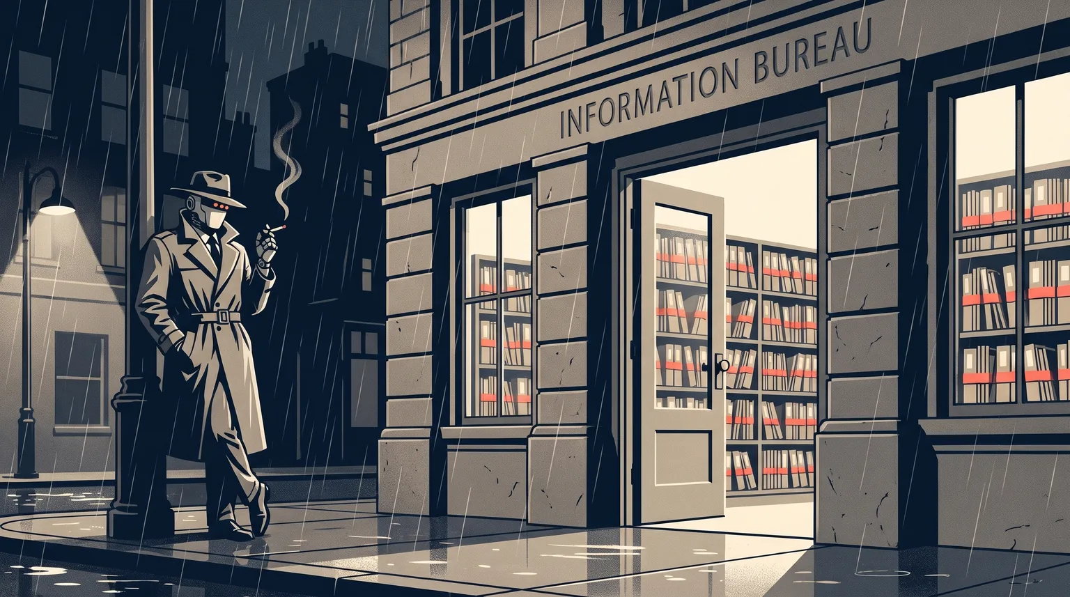 Illustration: the robot waits under a street lamp across a rainy street from a building signed Information Bureau, its front door wide open and unguarded, shelves of dossiers visible through the door and windows.