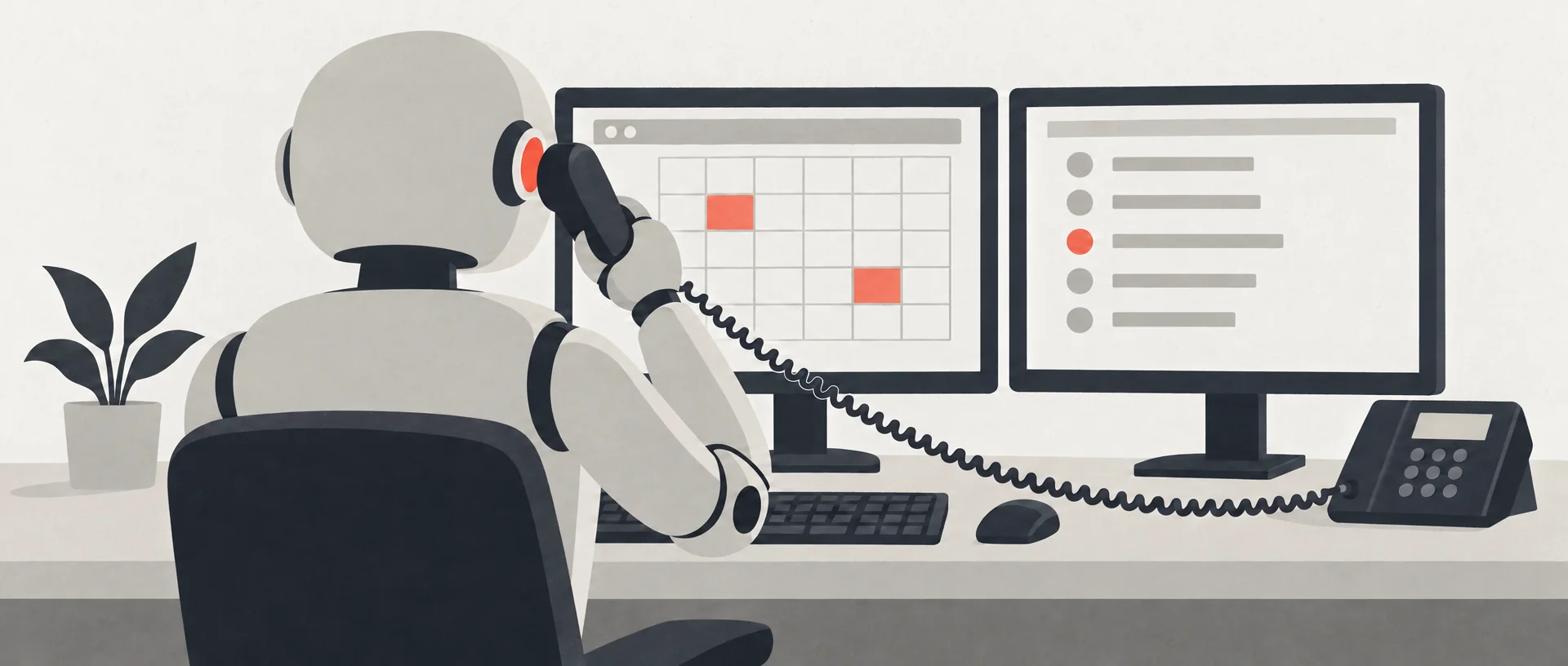Illustration: a simple robot receptionist seen from behind at a desk, handset to its ear, with two screens showing a calendar and a call list.