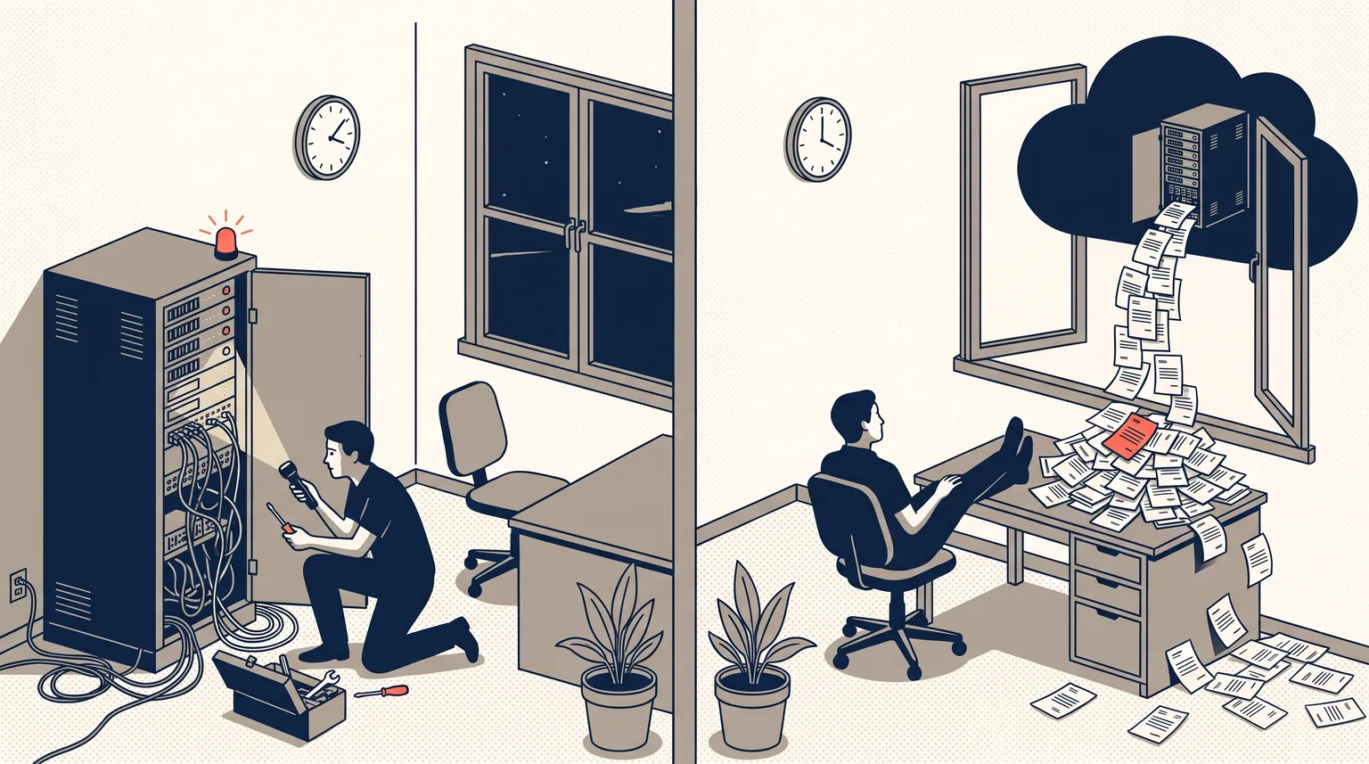 Illustration: the same small office twice. On the left the owner kneels at an open server rack at midnight with a torch and screwdriver, cables across the carpet and a coral warning light on top. On the right the rack is gone and the owner has their feet up, but the same rack sits in a cloud outside the window and invoices pour from it onto the desk and across the floor.