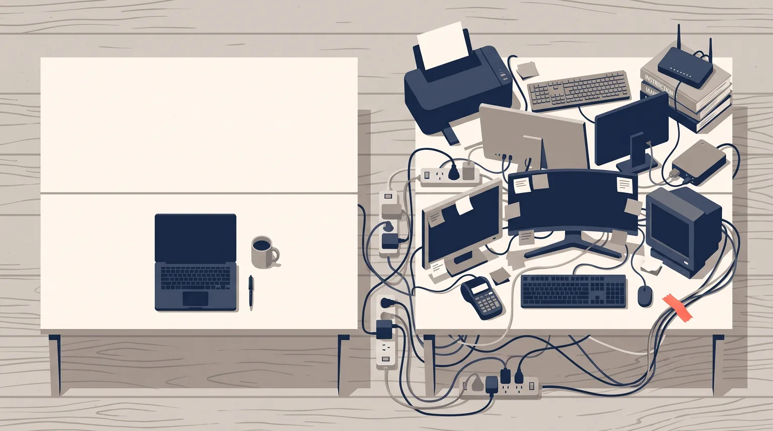 Illustration from above: two identical desks side by side. The left holds one laptop, a mug and a pen. The right is buried under three mismatched monitors, two keyboards, a printer, a router on a stack of manuals and a tangle of cables through daisy-chained power boards.