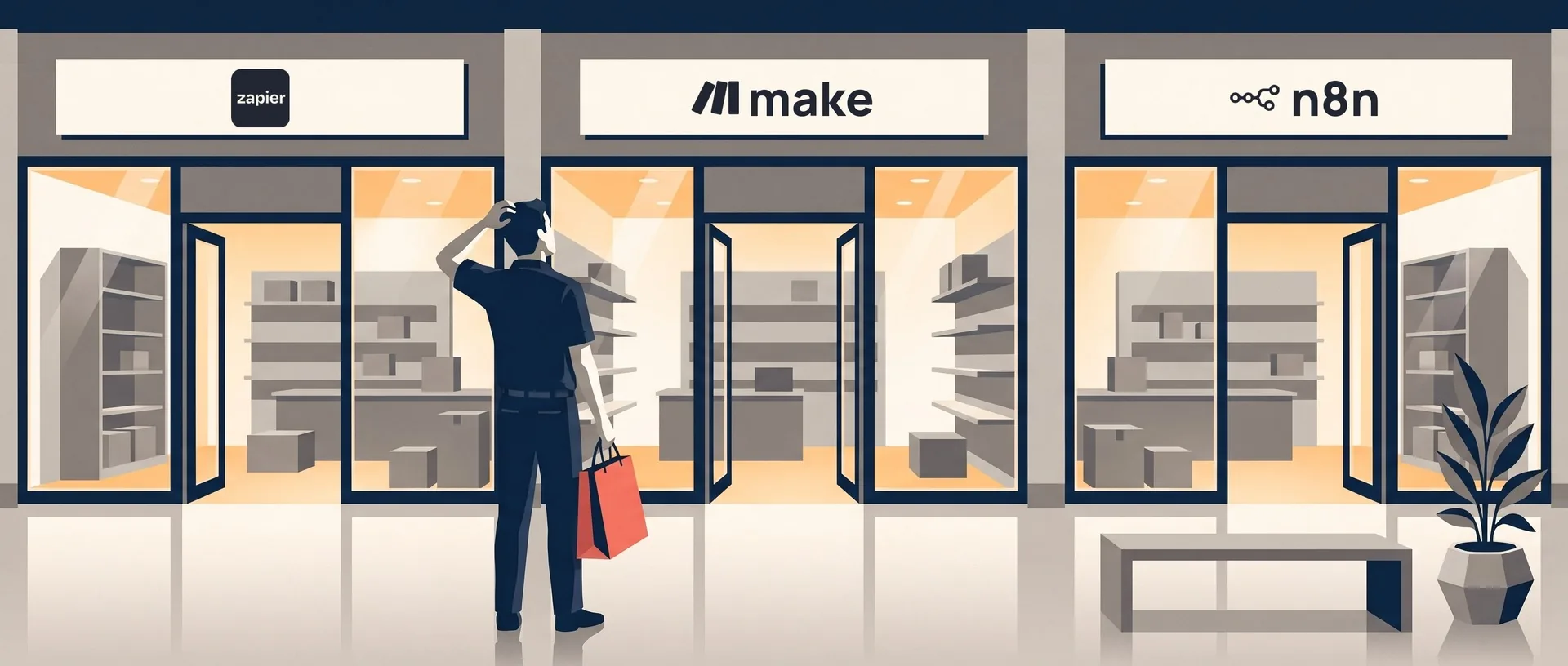Illustration: a man with a coral shopping bag scratches his head in a shopping mall, looking at three shopfronts with the Zapier, Make and n8n marks on their signs.