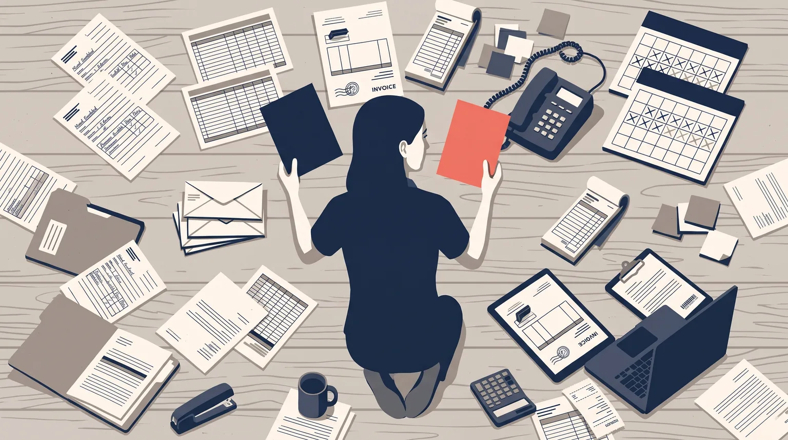 Illustration from above: the same woman kneels on a floor almost covered in forms, invoices, envelopes, a phone, a calendar and a laptop, holding up two sheets side by side to compare them, one coral and one navy.