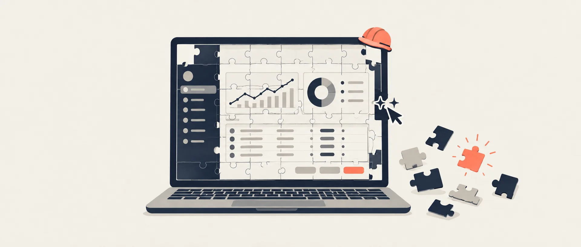Illustration: a laptop showing an app as a jigsaw puzzle, most of it assembled by a sparkling cursor, with the awkward edge pieces scattered beside the laptop and a small hard hat on its corner.
