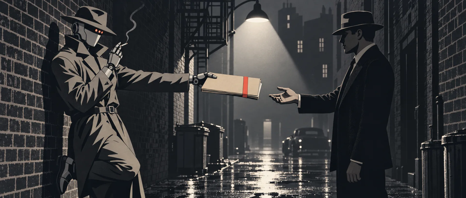 Illustration in film noir style: a robot in a trenchcoat and fedora leans against a brick wall in a rainy alley, holding out a manila dossier to a man in a suit who reaches to take it.