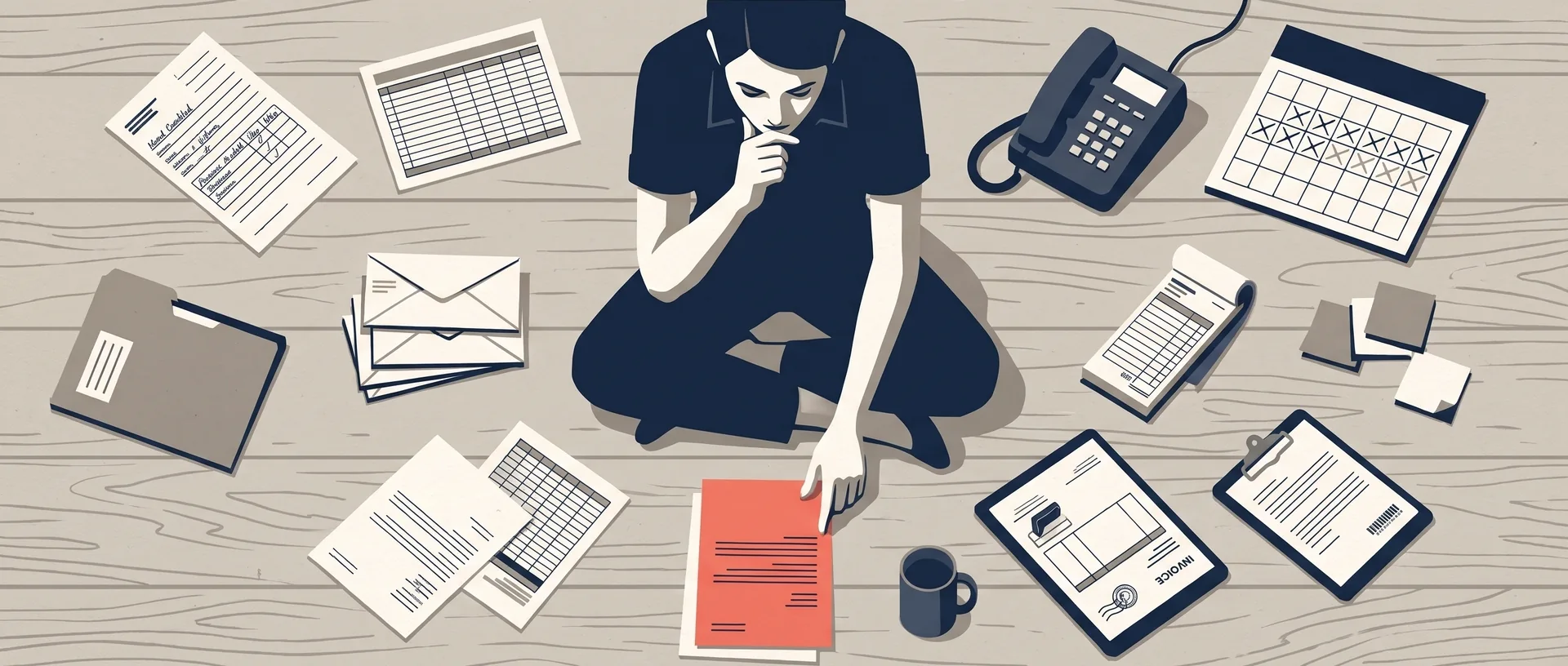 Illustration from above: a woman sits cross-legged on a timber floor, chin in hand, surrounded by a ring of paperwork and office chores, reaching for the one sheet picked out in coral.